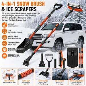 4-in-1 Extendable 55" Snow Shovel, Snow Broom, Squeegee, and Ice Scraper Kit